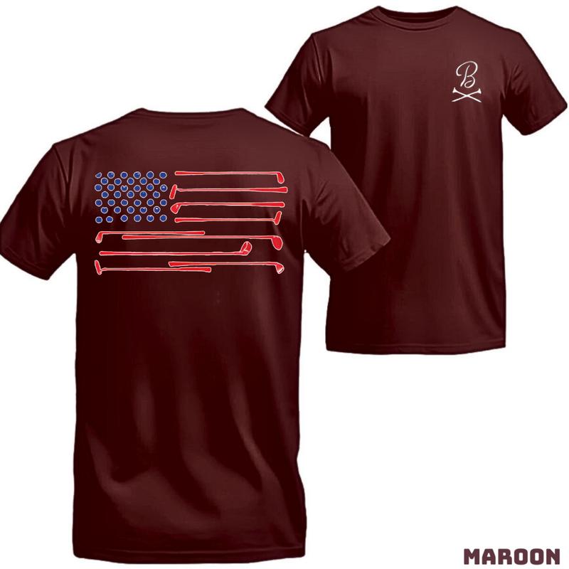 Barstool Golf T-Shirt - White unisex tee featuring a creative American flag design made from golf clubs, stylish sportswear ideal for golf enthusiasts in any activity.