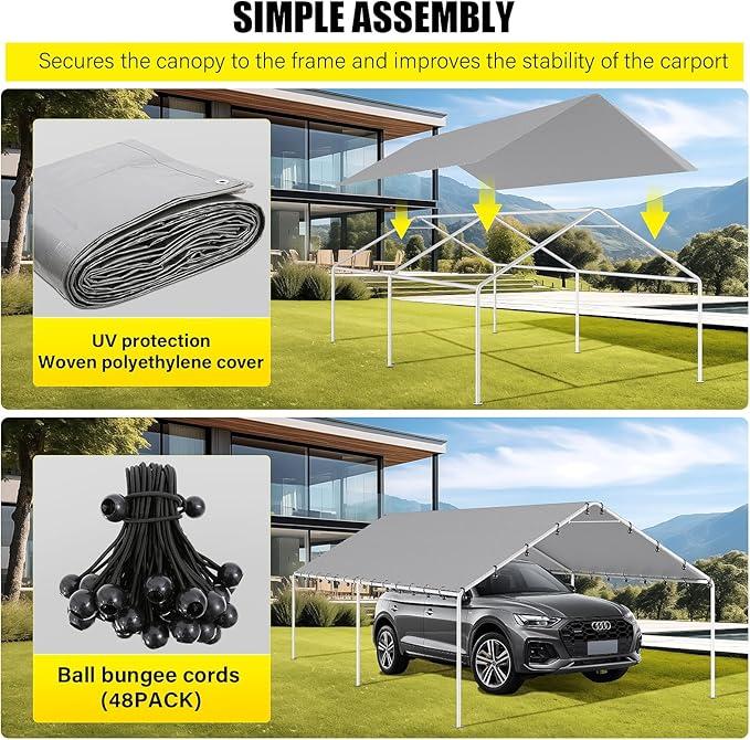 10 x 20 Ft Carport,Replacement Canopy Cover Garage Top Tent Shelter Tarp,Grey with 48 Ball Bungee Cords Waterproof & UV Protected (Only Tarp Cover, Frame Not Include)