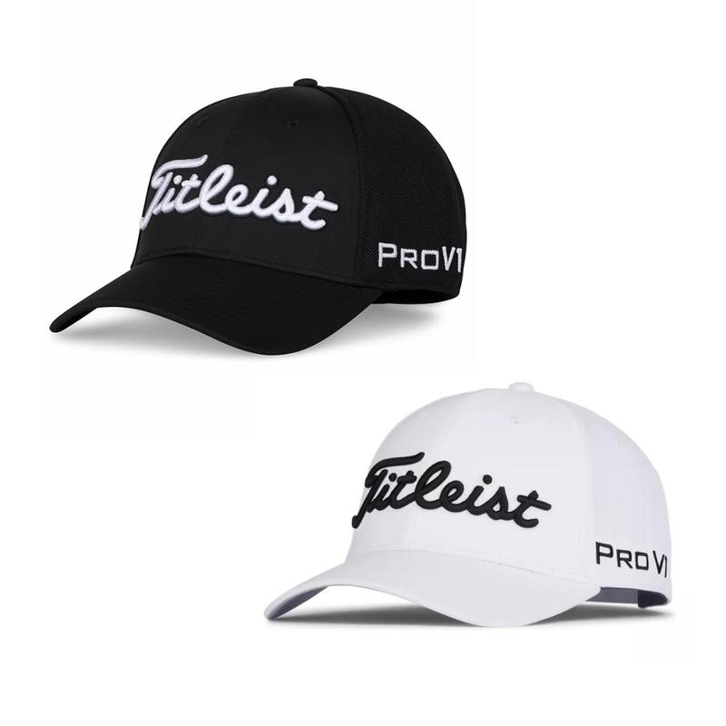 Titleist Men's Tour Performance Golf Hat - Black White - Structured Front Panel - Stretch Clasp Closure