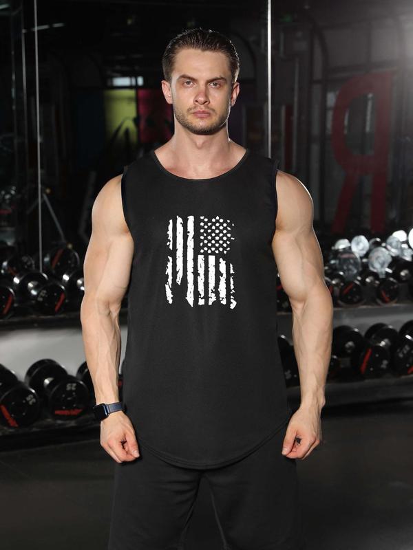 Men's Graphic Round Neck High Low Sports Tank Top, Regular Fit Clothes Crew Neck Sleeveless Top For Gym Workout Running, Casual Sporty Men's Clothes