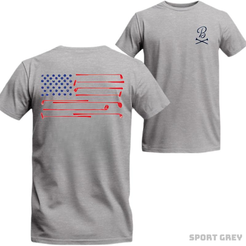 Barstool Golf T-Shirt - White unisex tee featuring a creative American flag design made from golf clubs, stylish sportswear ideal for golf enthusiasts in any activity.