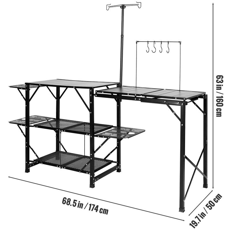 VEVOR Camping Kitchen Table, One-piece Folding Portable Cook Station with A Carrying Bag, Long Aluminum Camping Table 3 Side Tables, 2 Shelves & A Detachable Sink for Outdoor Picnics, BBQs, Camping