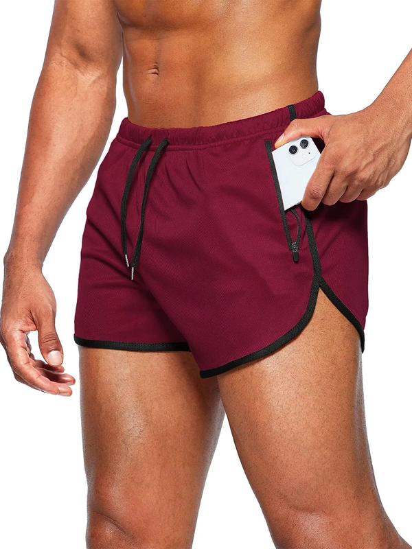 Men's Contrast Binding Drawstring Waist Track Shorts, Casual Zipper Design Pocket Elastic Waist Shorts for Summer, Breathable Men's Bottoms for Gym Workout Running, Summer Outfits 2024