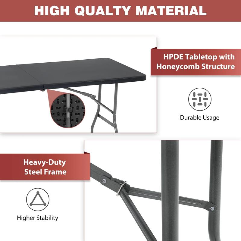 6ft Folding Table Portable Plastic Indoor Outdoor Camping Dining Table with Carrying Handle