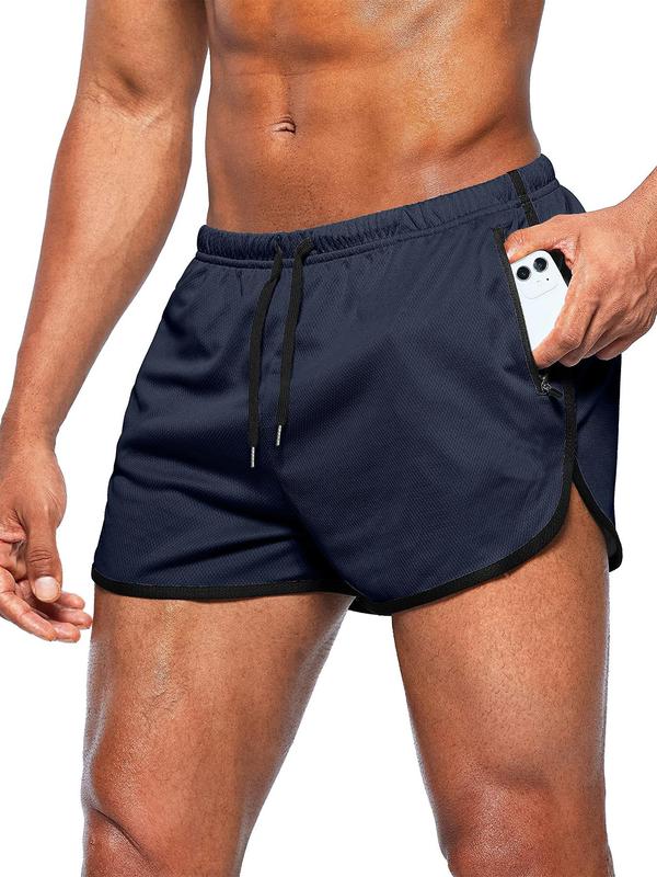 Men's Contrast Binding Drawstring Waist Track Shorts, Casual Zipper Design Pocket Elastic Waist Shorts for Summer, Breathable Men's Bottoms for Gym Workout Running, Summer Outfits 2024