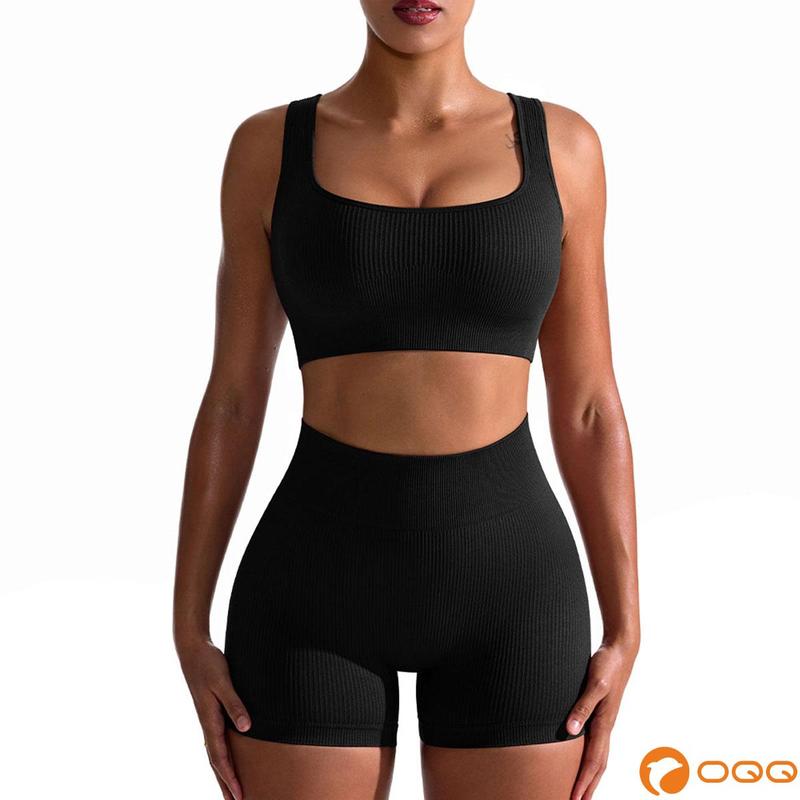 OQQ Workout Outfits for Women 2 Piece Seamless Ribbed High Waist Leggings with Sports Bra Exercise Set