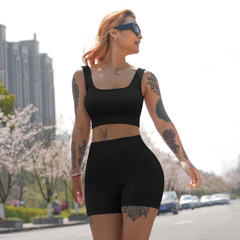 OQQ Workout Outfits for Women 2 Piece Seamless Ribbed High Waist Leggings with Sports Bra Exercise Set