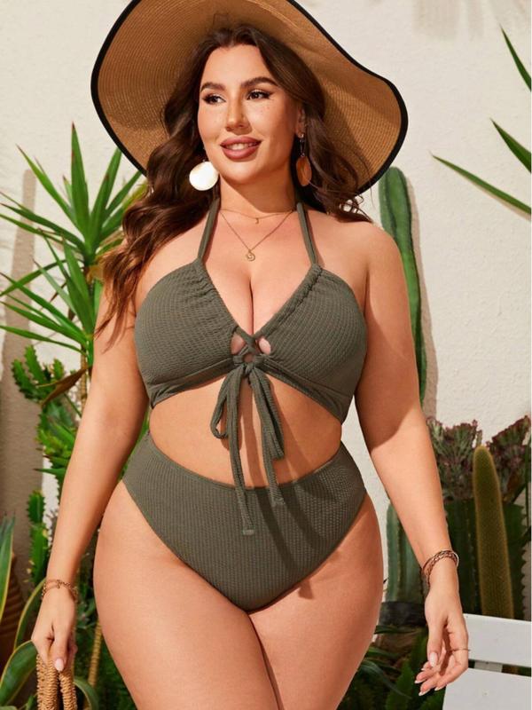 Plus Size Solid Criss Cross Drawstring Bikinis Set, Casual Wireless Swim Top & High Waist Swim Bottom, Women's Swimwear for Beach Holiday Vacation