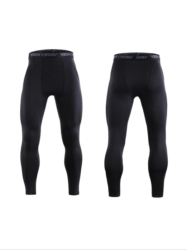 Men's Letter Tape Compression Sports Leggings, Sporty Breathable Comfy Skinny Pants for Running Gym Workout, Men's Sportswear for All Seasons