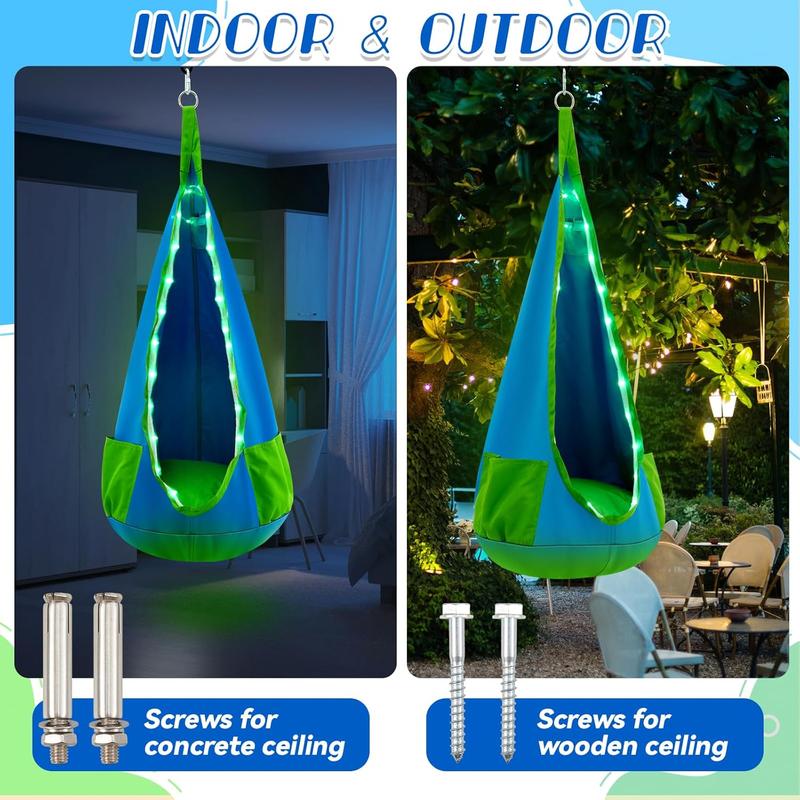 Swing Seat Hanging Hammock Swing with LED Lights Pod Swing Hanging Chair with Inflatable Pillow Swing Hammock Chair for Bedroom Indoor Outdoor  Max 100 Lbs (Blue)