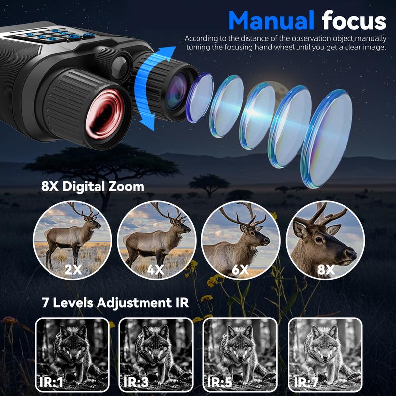 Night vision device, 5x magnification, 8x zoom, tactical light, 32GB card, pioneering backlight button, suitable for hunting, camping, and safety