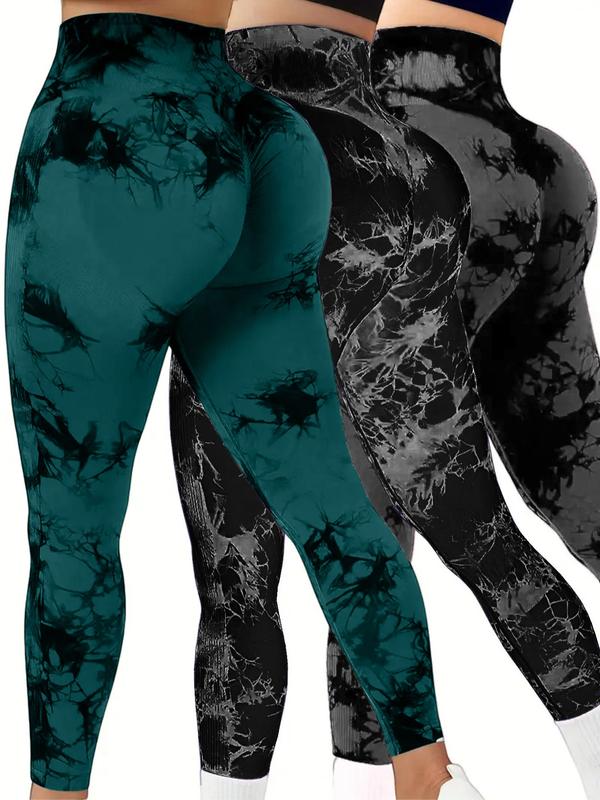 3 Pack Black, Grey & Green Tie Dye Print High Waisted Workout Women Leggings Scrunch Rear Lifting High Waist Tummy Control Yoga Gym Athletic Pants