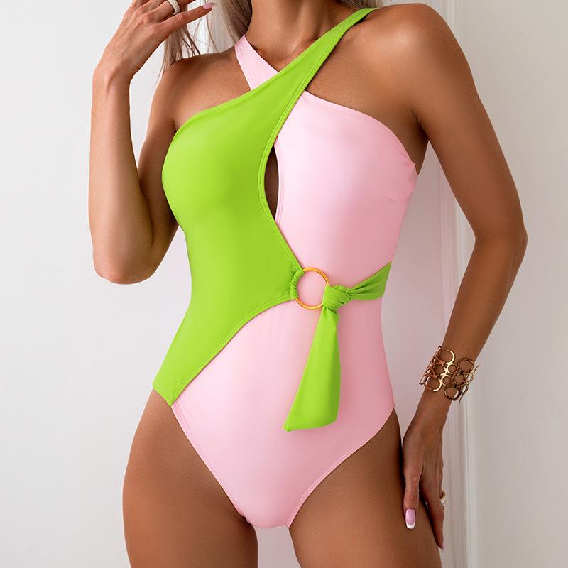 Aprilake Women's One Piece Patchwork Color Cut out Adjustable Waist Fashion Swimsuit