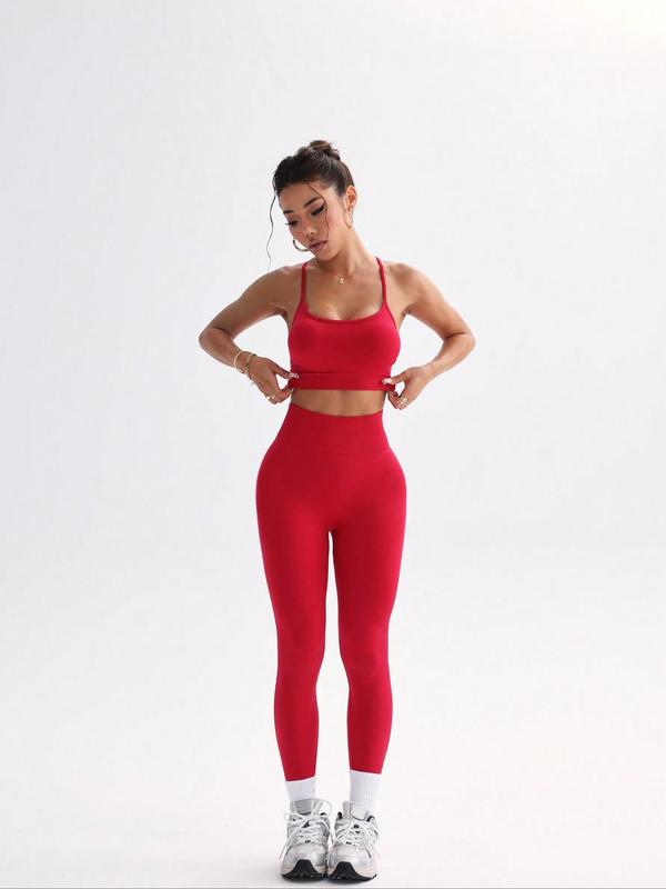 Sporty Women's Plain Criss Cross Backless Crop Cami Top & High Waist Ruched Leggings Sportswear Set, Sport Breathable Comfy for Yoga Gym Workout Running, Ladies Summer Sportswear