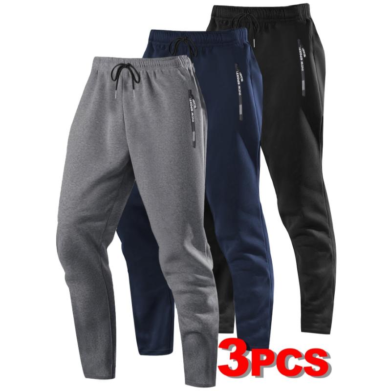 3pcs Men's Athletic Joggers with Zipper Pockets & Drawstring Waist - Solid Color, Stretch Fabric for All Seasons Fitness & Casual Wear