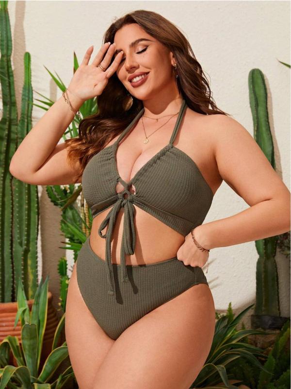 Plus Size Solid Criss Cross Drawstring Bikinis Set, Casual Wireless Swim Top & High Waist Swim Bottom, Women's Swimwear for Beach Holiday Vacation