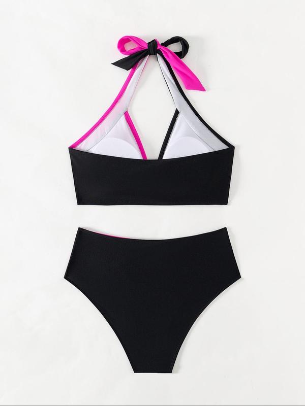 Two-Piece Set Women's Colorblock Criss Cross Halter Bikini Set, Casual Wrap Swim Top & Swim Bottom Two-piece Swimsuit for Beach Holiday Vacation, Ladies Swimwear for All Seasons