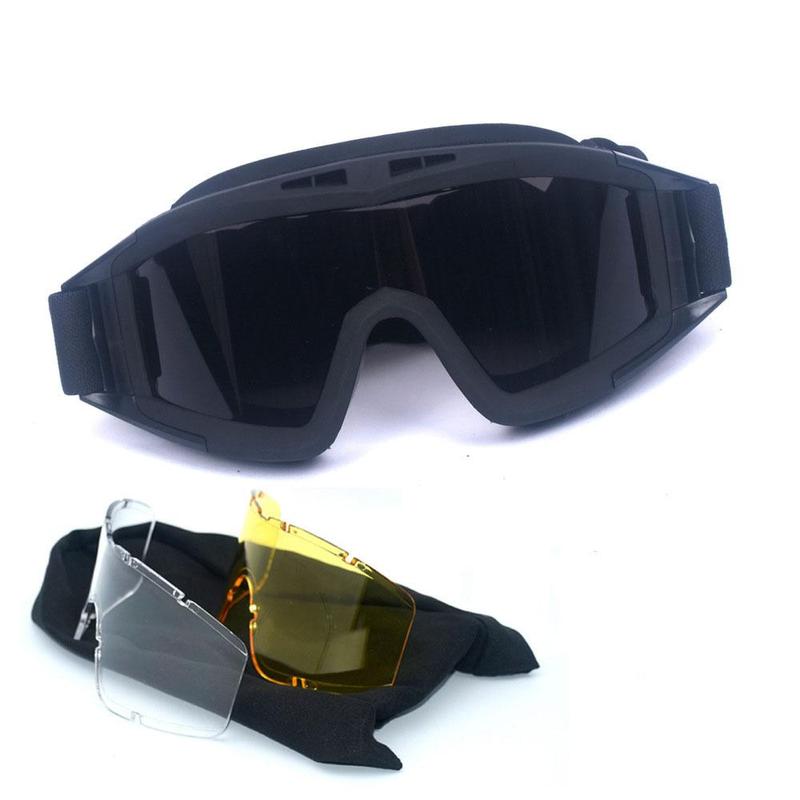 Tactical Goggles, 1 Pair Windproof & Dustproof Goggles with 3 Colors Lenses, Outdoor Safety Goggles for Motorcycle Climbing