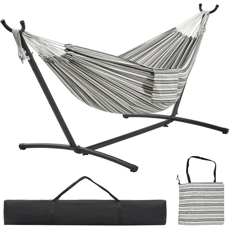 Double Hammock w Stand, 2-People Hammock & Stand Set w Storage Bag & Carrying Bag, Outdoor Indoor Heavy-Duty Portable Hammock