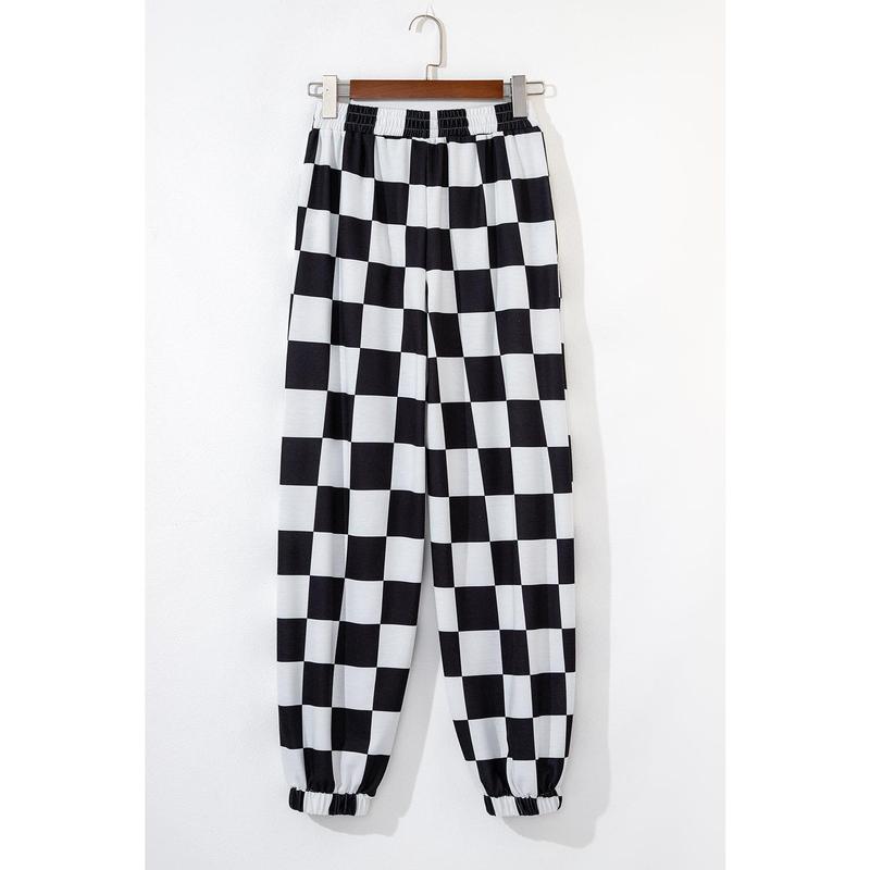 Black Checkerboard Elastic Waist Pocketed Joggers Pants