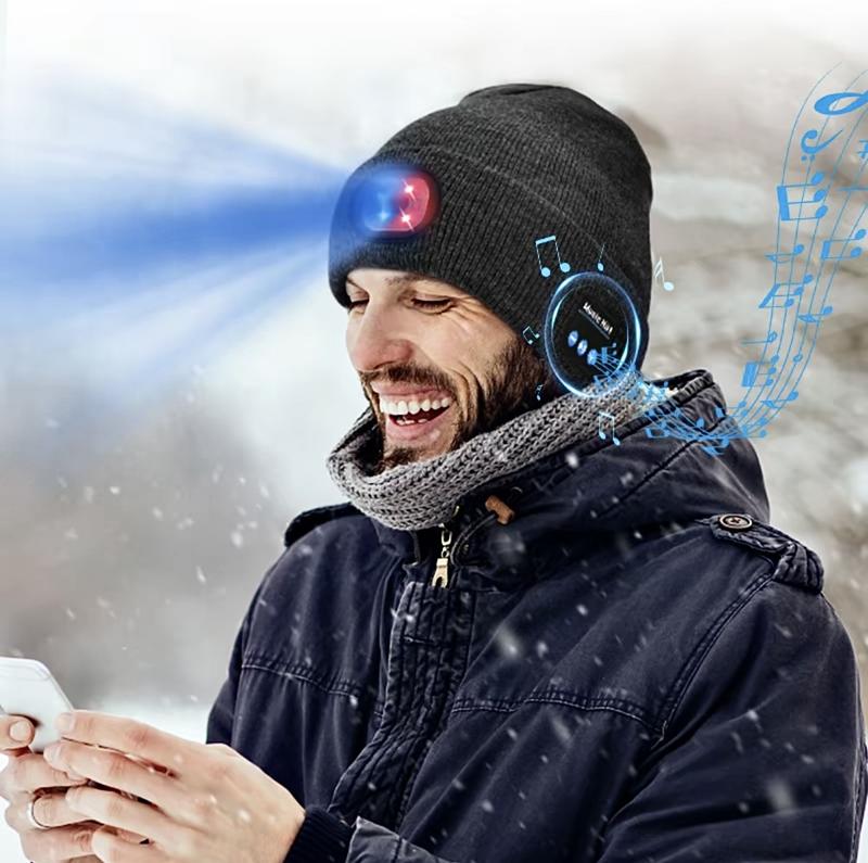 Bluetooth Beanie with LED Headlight and Removable Speakers, USB Rechargeable and Lightweight  warm Hat for Winter Outdoor Activities, Music, Calling, Sport, Unisex Christmas Birthday Gift