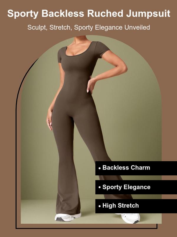 Womenswear Plain Cut Out Backless Ruched Sports Flare Leg Jumpsuit, Bodysuits for Women, Sporty Solid Square Neck Short Sleeve Jumpsuit, Ladies Sportswear for Indoor Outdoor Wear,  Jumpsuit for Women 2024