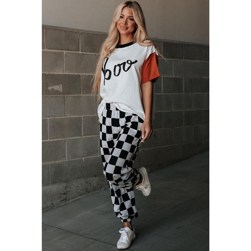 Black Checkerboard Elastic Waist Pocketed Joggers Pants