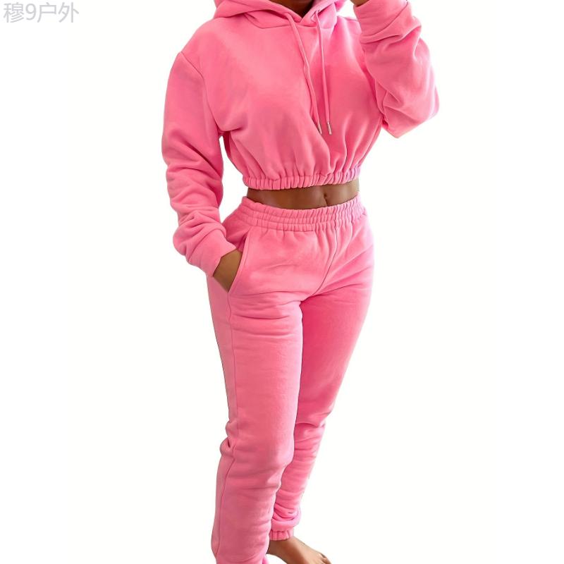 2pcs Stylish Fleece Lined Elastic Hem Sports Suit - Women's Activewear, Long Sleeves Drawstring Hooded Top & Jogging Pant Set, Comfortable Sporty Outfit for Fitness, Running, and Casual Wear