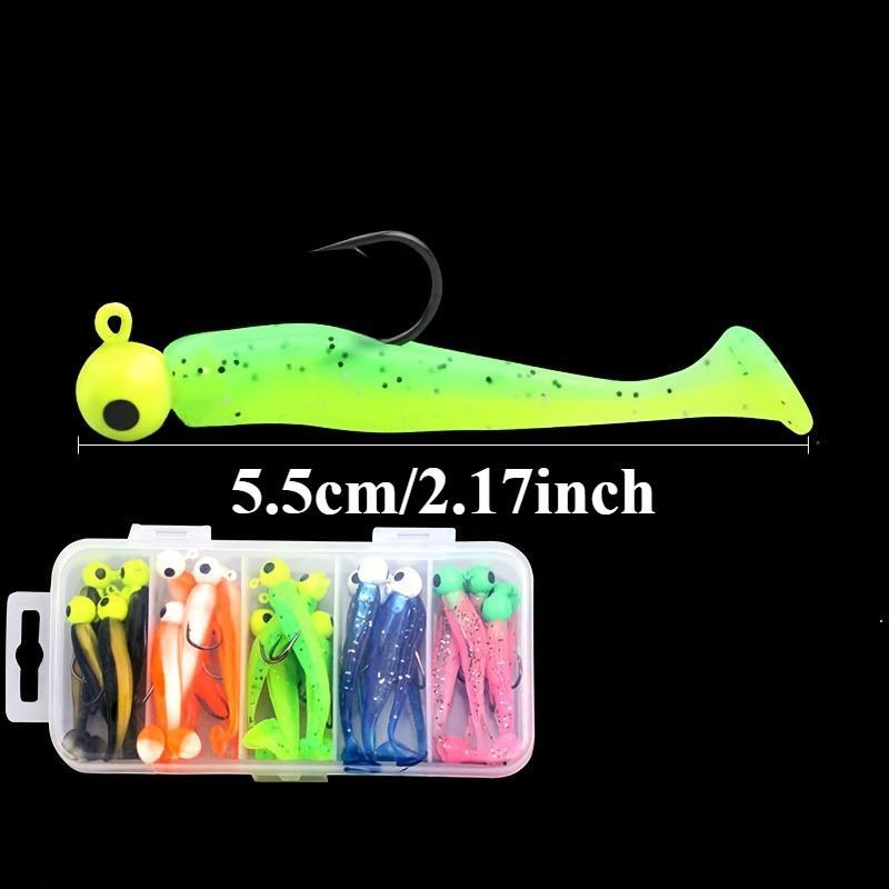 Silicone Fishing Lure Set, 25pcs 50pcs T Type Tail Double Color Fishing Lure with Round Head Hook & Portable Tackle Box, Professional Fishing Accessories