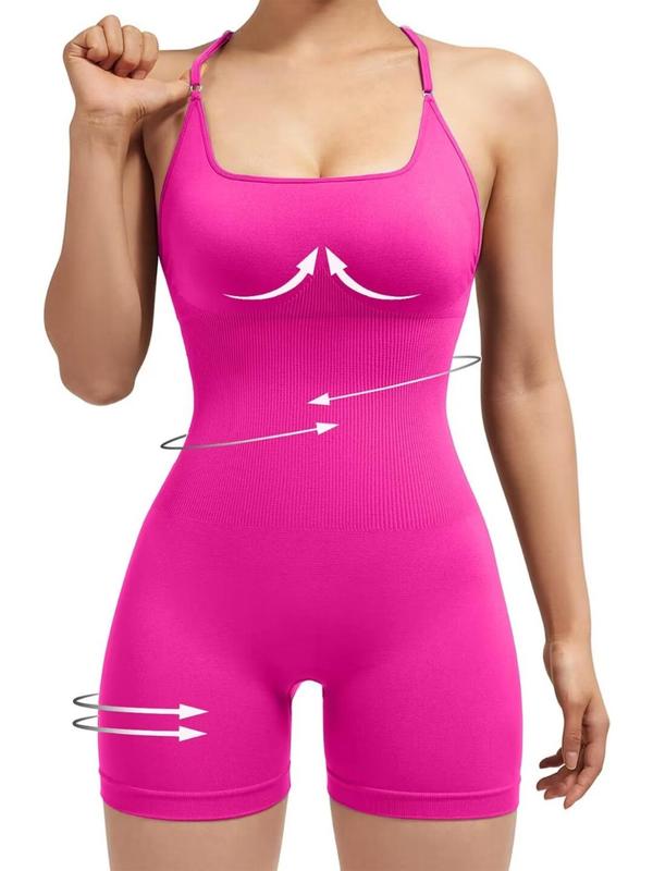 Women's Solid Criss Cross Backless Sports Cami Romper, Adjustable Strap Sleeveless Romper for Yoga Gym Workout, Ladies Sportswear for Summer