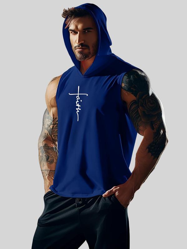 Sporty Men's Letter Print Hooded Sports Vest, Regular Fit Sport Quick Drying Breathable Tank Top for Gym Workout Running, Sportswear for Men, Fall Outfits, Fallfreshness,  Running Vest