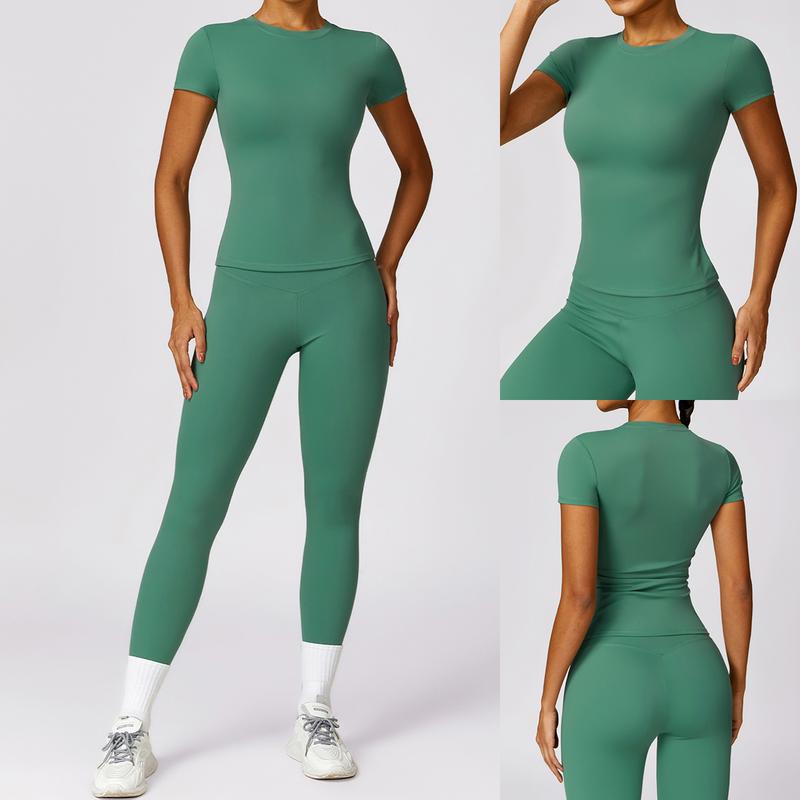 Women's Breathable Nylon Short Sleeve Crop Top and Skinny Leggings Tracksuit Set for Yoga Gymwear Workout in All Seasons