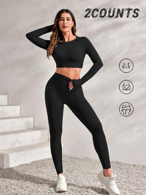 Women's Plain Cut Out Crop Top & High Waist Leggings Tracksuit Set, Sporty Long Sleeve Top & High Stretch Yoga Pants,  Tracksuit for Women, Summer Sportswear Clothing, Jogging Suit Set