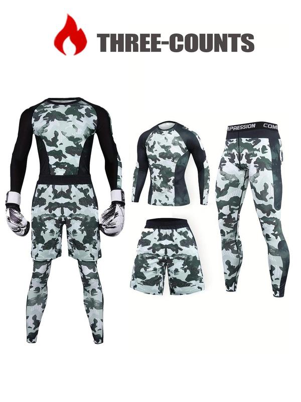 Men's Camo Print Long Sleeve Tee & Pants & Shorts Set, Comfortable Breathable Sports Outfits, Men's Sportswear Set for Gym Workout Running