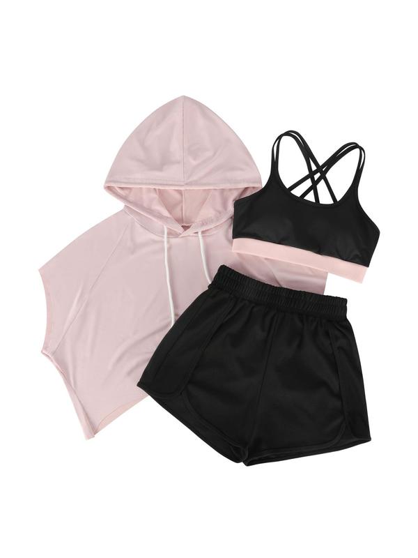 Women's Criss Cross Wrap Tracksuit Set, Sporty Drawstring Hoodie & Contrast Binding Sports Bra & Elastic Waist Shorts, Yoga Outfits, Ladies Sportswear for Gym Workout