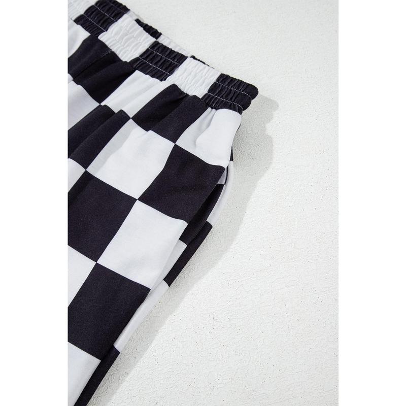 Black Checkerboard Elastic Waist Pocketed Joggers Pants