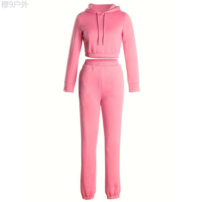 2pcs Stylish Fleece Lined Elastic Hem Sports Suit - Women's Activewear, Long Sleeves Drawstring Hooded Top & Jogging Pant Set, Comfortable Sporty Outfit for Fitness, Running, and Casual Wear