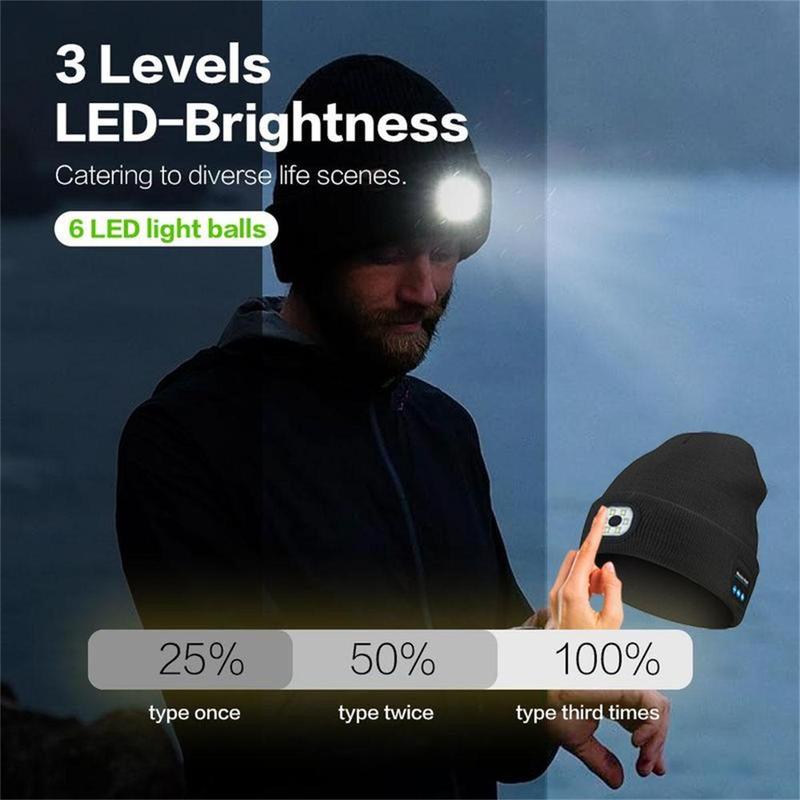 Wireless Bluetooth Beanie Hat with Built-in Headphones & Light, Soft Warm Stylish Upgraded Musical Knitted Cap with Headphone and Built-in Stereo Speakers & Mic, Unisex LED Hat for Running Hiking, for Men Women Dad