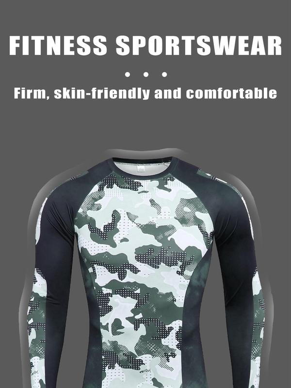 Men's Camo Print Long Sleeve Tee & Pants & Shorts Set, Comfortable Breathable Sports Outfits, Men's Sportswear Set for Gym Workout Running