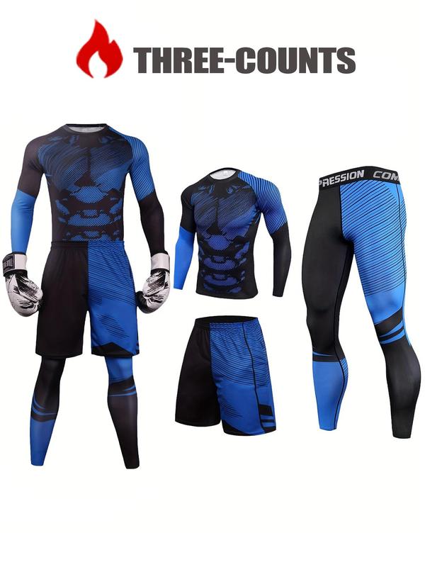 Men's Camo Print Long Sleeve Tee & Pants & Shorts Set, Comfortable Breathable Sports Outfits, Men's Sportswear Set for Gym Workout Running