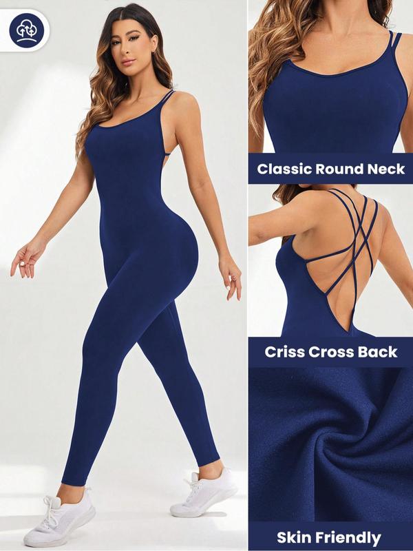 Women's Solid Criss Cross Backless Sports Cami Jumpsuit, Sporty Sleeveless Scoop Neck Tummy Control Jumpsuit for Yoga Gym Workout, Gym Clothes, Ladies Sportswear for All Seasons, Jumpsuit for Women, Minimalistic Outfit