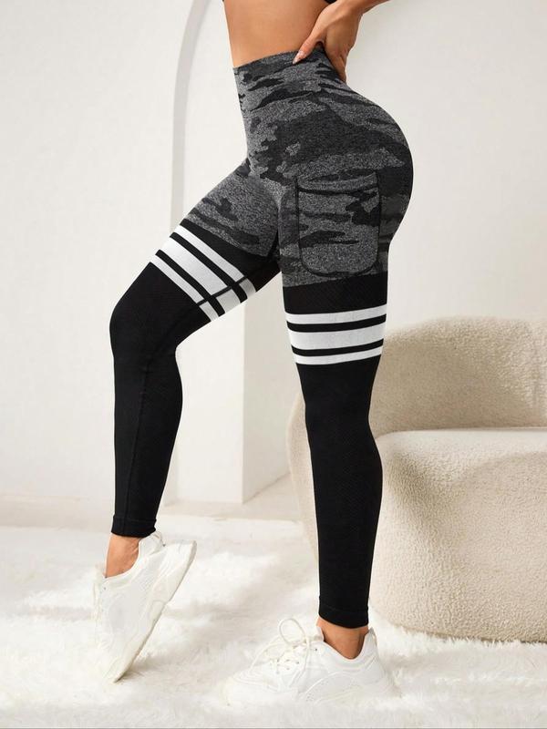 Women's Camo & Striped Print High Waist Pocket Sports Leggings, Casual Comfy Breathable Skinny Pants for Yoga Gym Workout Running, Ladies Sportswear for All Seasons