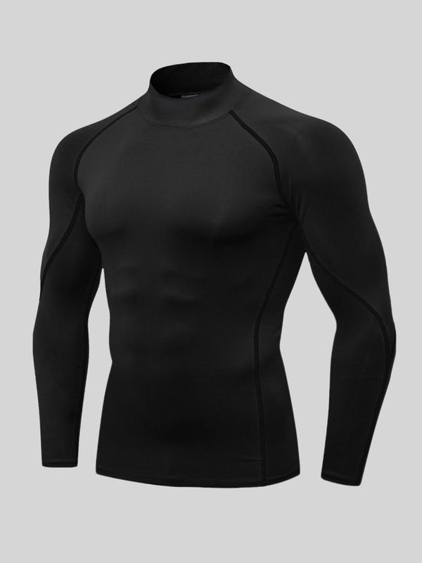 Men's Solid Long Sleeve Mock Neck Sports Compression Tee, Workout Tops, Quick Drying Breathable Raglan Sleeve T-shirt, Casual Sporty Top for Spring & Fall, Fall Outfits, Fallfreshness Clothes Football Accessories, Gym Clothing