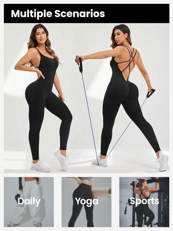 Women's Solid Criss Cross Backless Sports Cami Jumpsuit, Sporty Sleeveless Scoop Neck Tummy Control Jumpsuit for Yoga Gym Workout, Gym Clothes, Ladies Sportswear for All Seasons, Jumpsuit for Women, Minimalistic Outfit