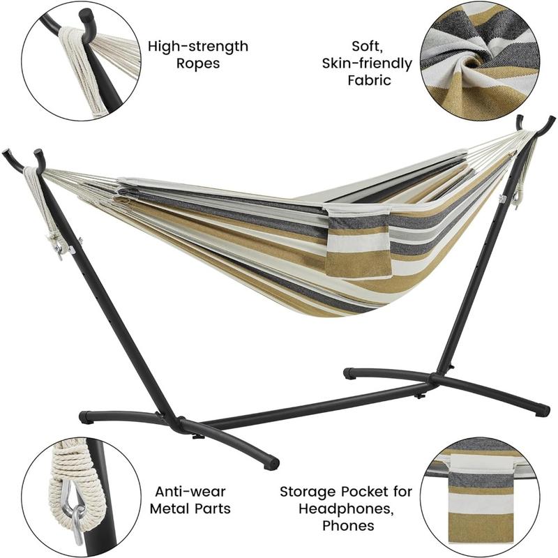 Double Hammock w Stand, 2-People Hammock & Stand Set w Storage Bag & Carrying Bag, Outdoor Indoor Heavy-Duty Portable Hammock