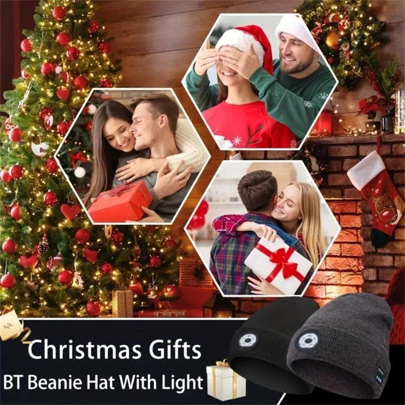 Wireless Bluetooth Beanie Hat with Built-in Headphones & Light, Soft Warm Stylish Upgraded Musical Knitted Cap with Headphone and Built-in Stereo Speakers & Mic, Unisex LED Hat for Running Hiking, for Men Women Dad