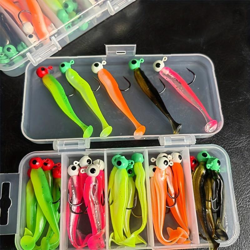 Silicone Fishing Lure Set, 25pcs 50pcs T Type Tail Double Color Fishing Lure with Round Head Hook & Portable Tackle Box, Professional Fishing Accessories