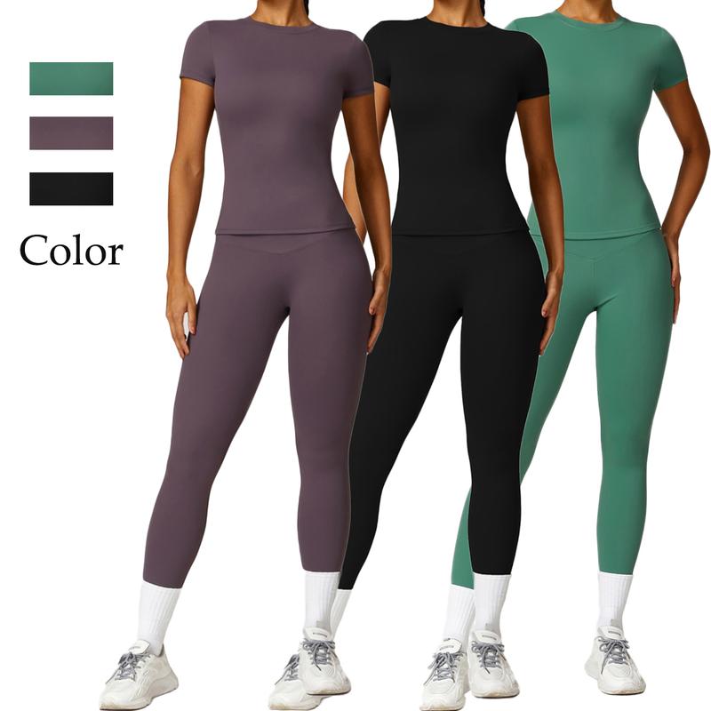 Women's Breathable Nylon Short Sleeve Crop Top and Skinny Leggings Tracksuit Set for Yoga Gymwear Workout in All Seasons