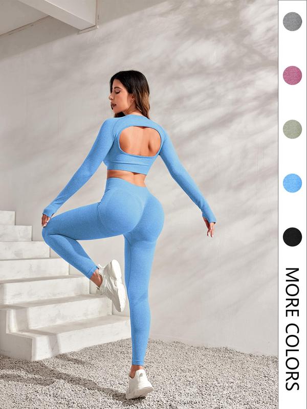 Women's Plain Cut Out Crop Top & High Waist Leggings Tracksuit Set, Sporty Long Sleeve Top & High Stretch Yoga Pants,  Tracksuit for Women, Summer Sportswear Clothing, Jogging Suit Set