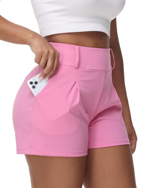 Women's Solid Pocket High Waist Sports Shorts, Casual Comfy Breathable Plicated Shorts for Workout Running, Gym Shorts, Ladies Sportswear, Gym Clothes for Women, Sports Shorts for Women,